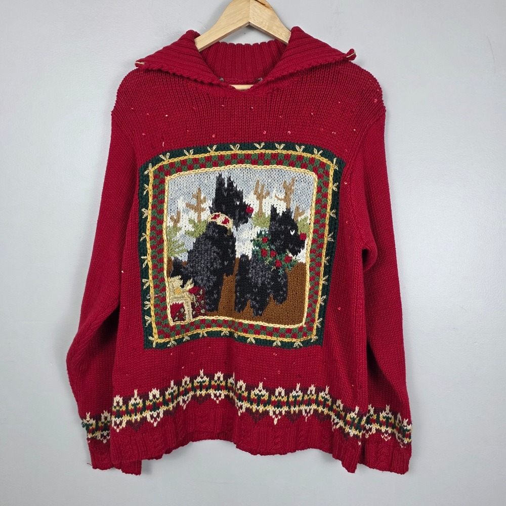 Tiara International Vintage Red Scottie Dog Christmas Sweater Sailor Collar XL